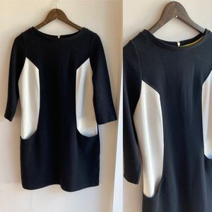Boden Ottoman Color Block Shift Dress Textured Cotton Black- White 10